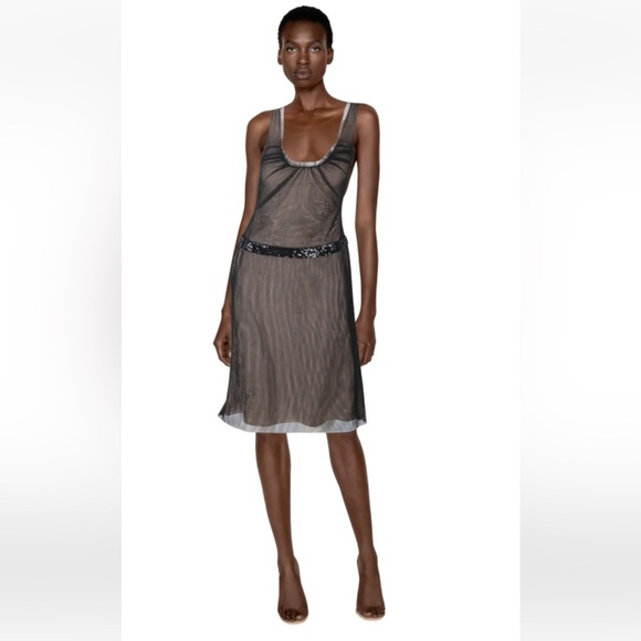 Vintage Vera Wang Y2K Black Mesh Sheer Sleeveless Scoop Neck Midi Dress - 12 - Picture 1 of 9
